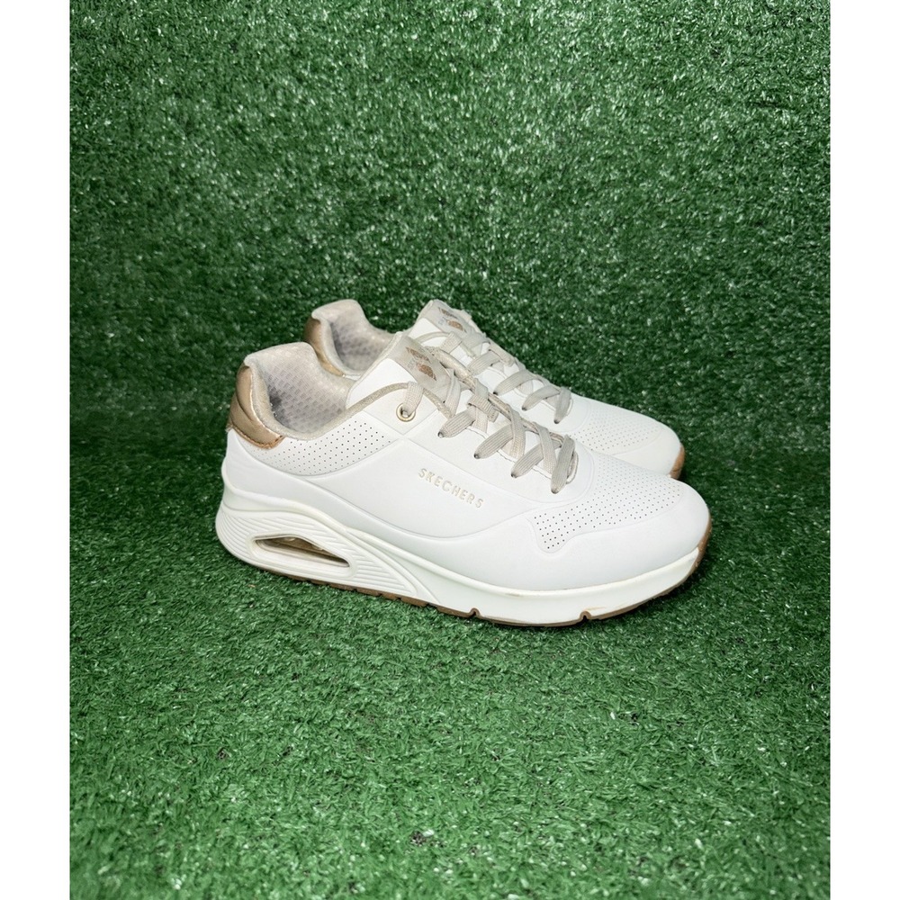 Skechers Uno Stand‎ on Air Womens Size 7 White Gold Running Shoes Gym Sneakers